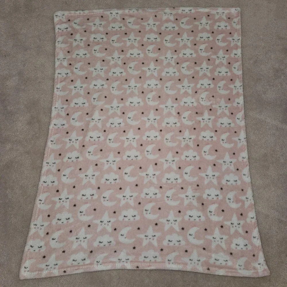 Pink White Cloud Star Moon Sleeping Fleece Baby Blanket Lovey Gray Baby Elements